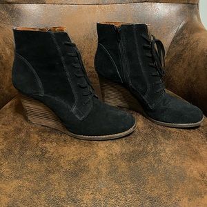 Lucky Brand black suede lace up and zip wedge ankle boot